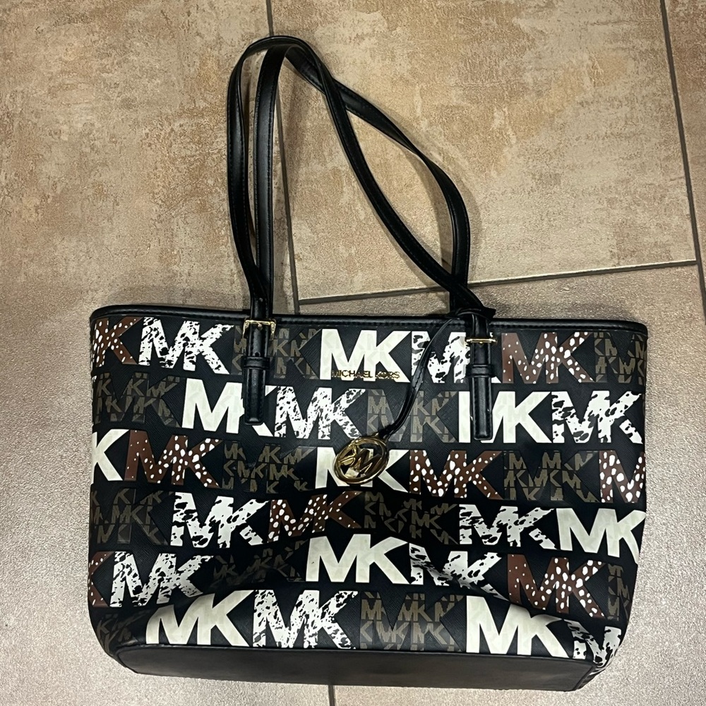 Michael Kors Black Brown Logo Print Tote with Gold Charm